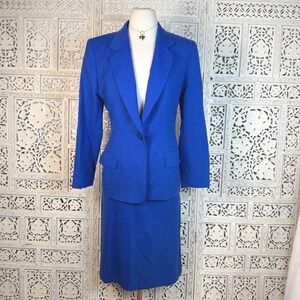 Vtg Pendleton Royal‎ Blue 100% Wool Skirt Suit Blazer Set Preppy Academia Career